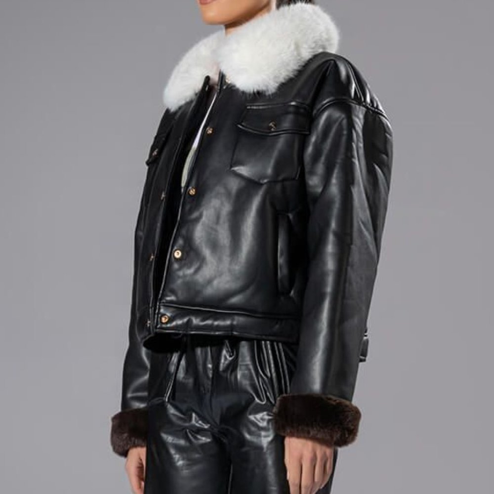 Miz Box Me Out Black Vegan Oversized Button-Up Coat w/ Fur Collar & Wrists L XL - Picture 6 of 9
